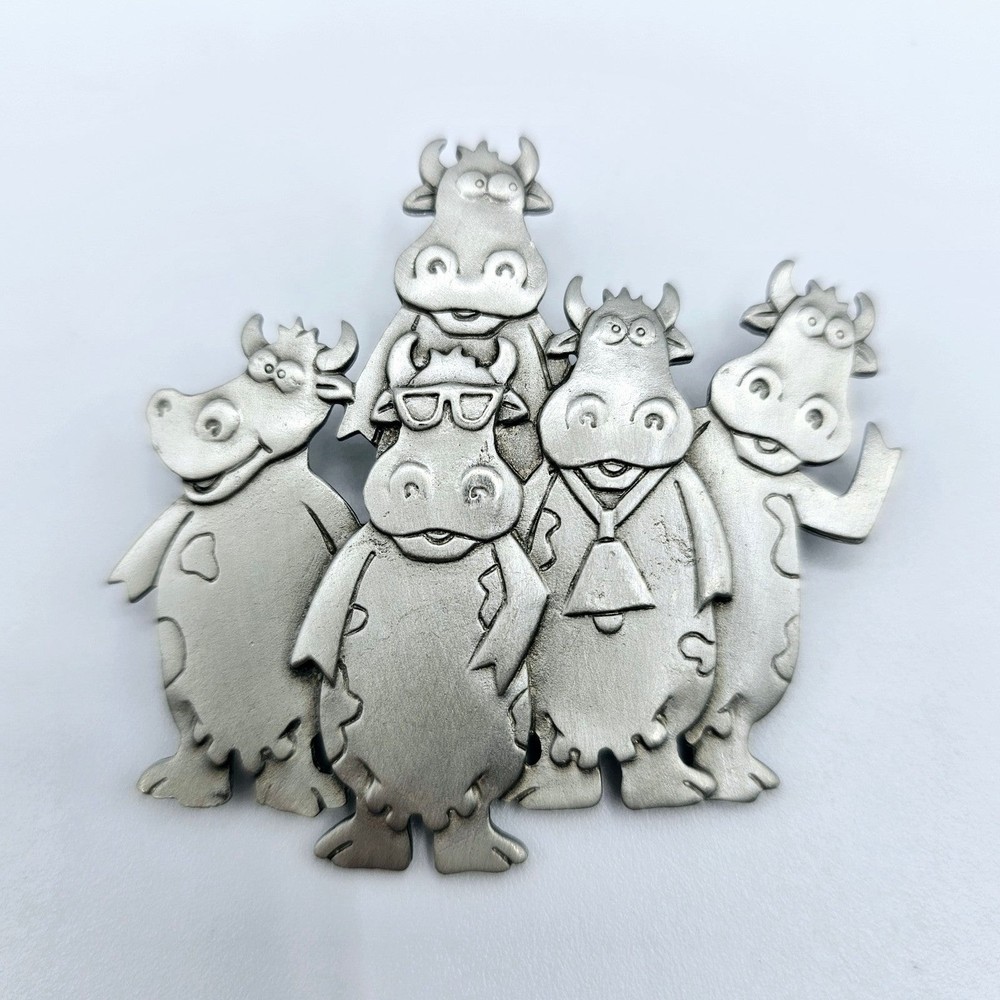 Jj Jonette Brooch Pewter Vintage 1988 Happy Cows Farm Animal